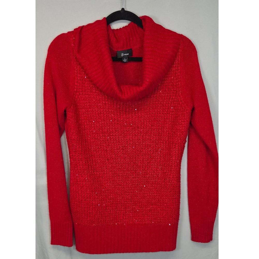B.Wear Cowl Neck Sweater Women Large Red Metallic Sequin Knit Pullover Good